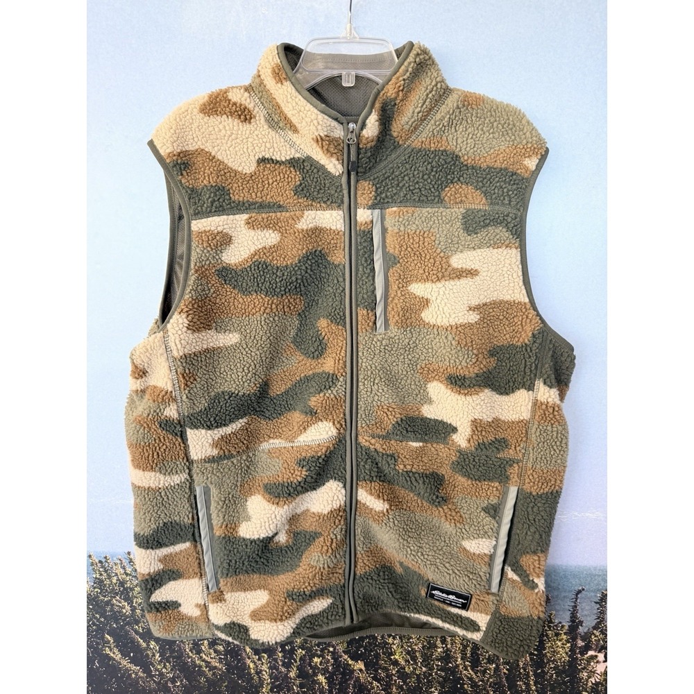 Mens XL Eddie Bauer Camo Outdoor Sherpa Fleece Green Brown Full Zip Up Vest